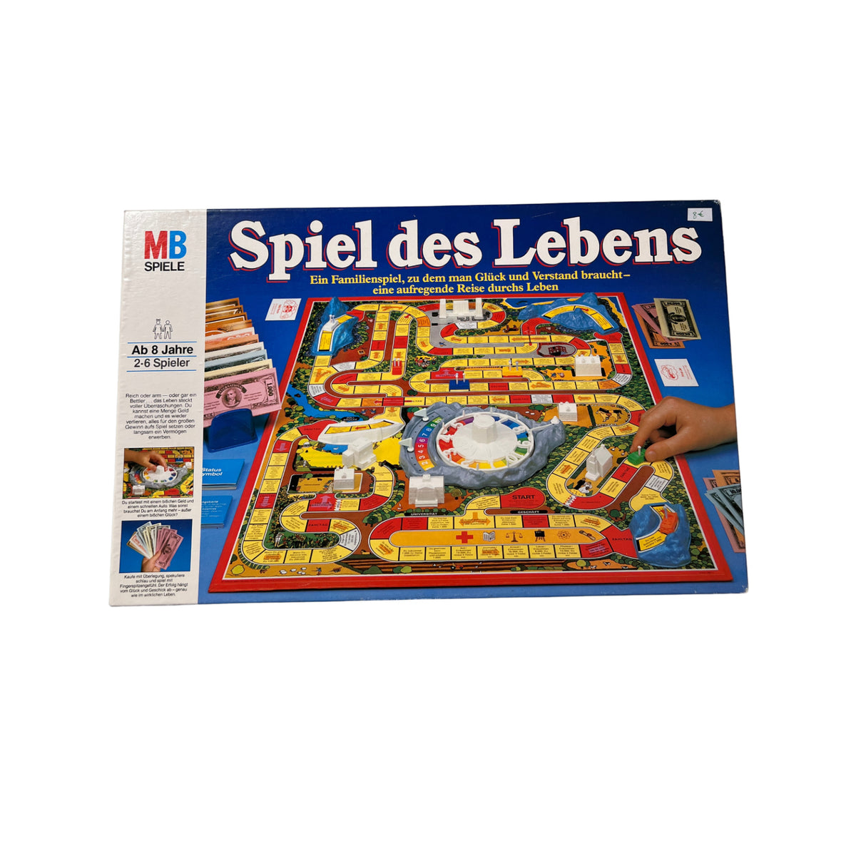 Spiel des Lebens MB 1984 Spiel blaue Ausgabe Brettspiel 2 Fahnen Vollständig – Brettspielimperium