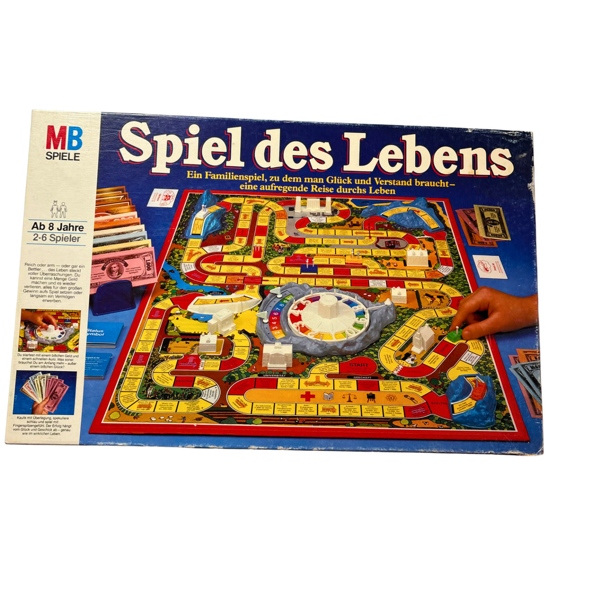 Spiel des Lebens MB 1984 Spiel blaue Ausgabe Brettspiel 2 Fahnen Vollständig – Brettspielimperium