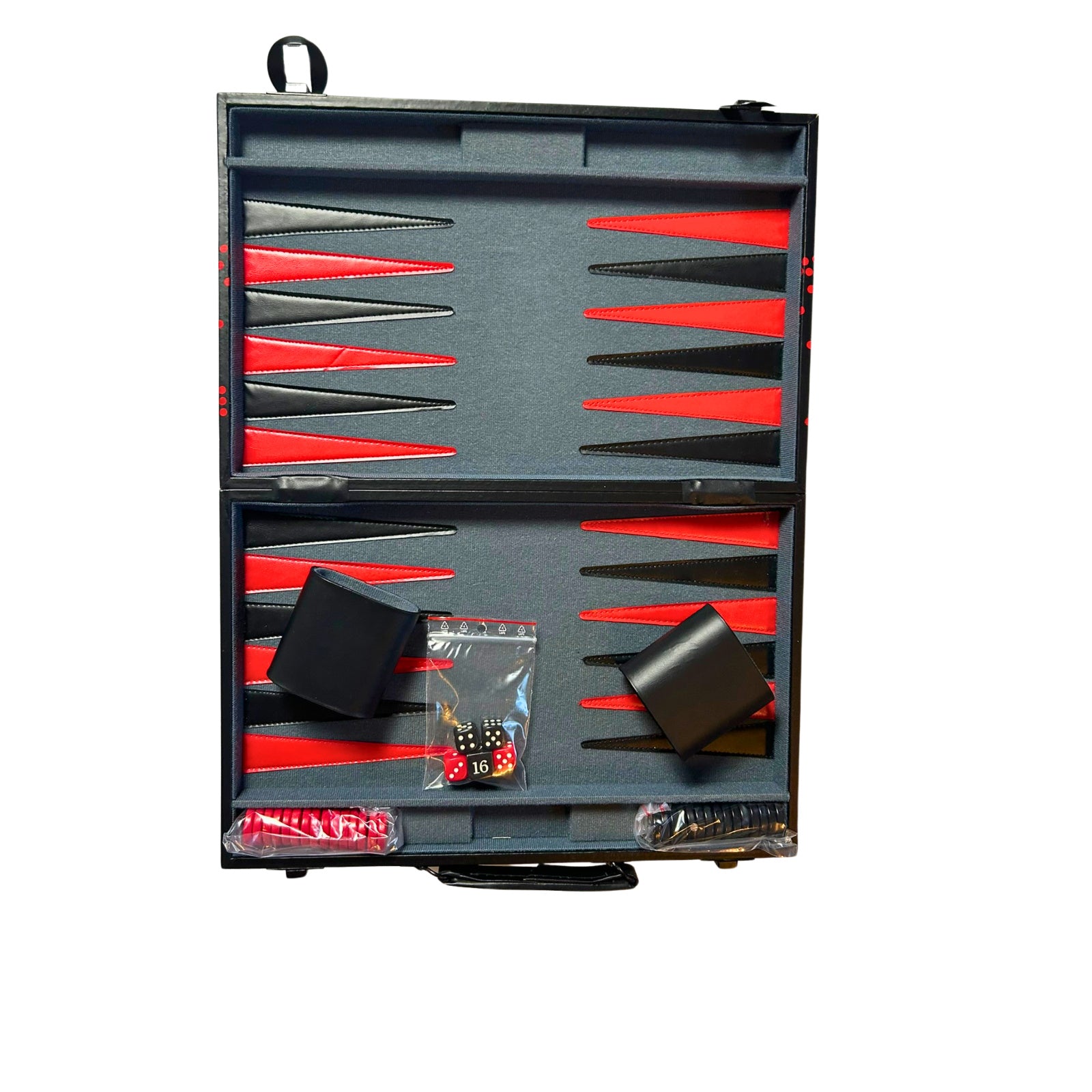 Großer Backgammon Kunstleder-Koffer -Rot schwarz 38 x 25 cm geschlossen – SKU A8925 – Gesellschaftsspiel gebraucht kaufen bei Brettspielimperium